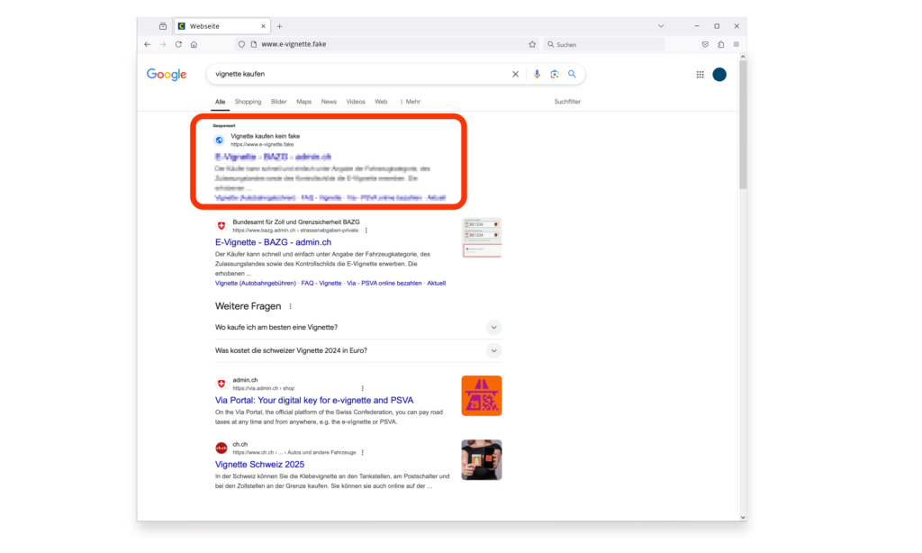 Gefälschte E-Vignetten-Website