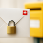 Symbolbild für sicheren digitalen Briefversand: verschlüsselter Umschlag mit Schweizer Kreuz