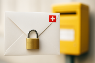 Symbolbild für sicheren digitalen Briefversand: verschlüsselter Umschlag mit Schweizer Kreuz