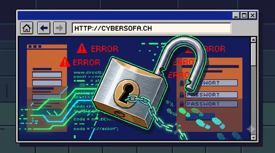 Digitales offenes Vorhängeschloss auf einem stilisierten Internet-Browser.