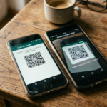 Zwei Smartphones übertragen Chat-Verläufe mithilfe eines QR-Codes.