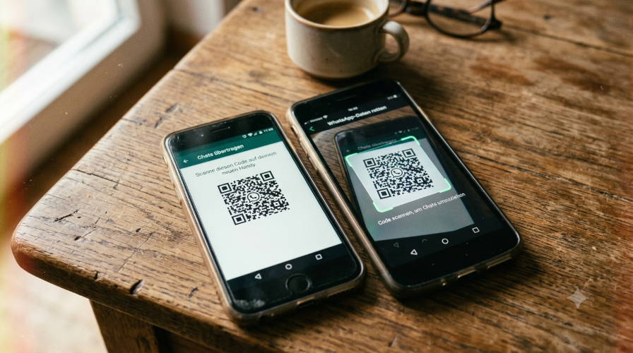 Zwei Smartphones übertragen Chat-Verläufe mithilfe eines QR-Codes.